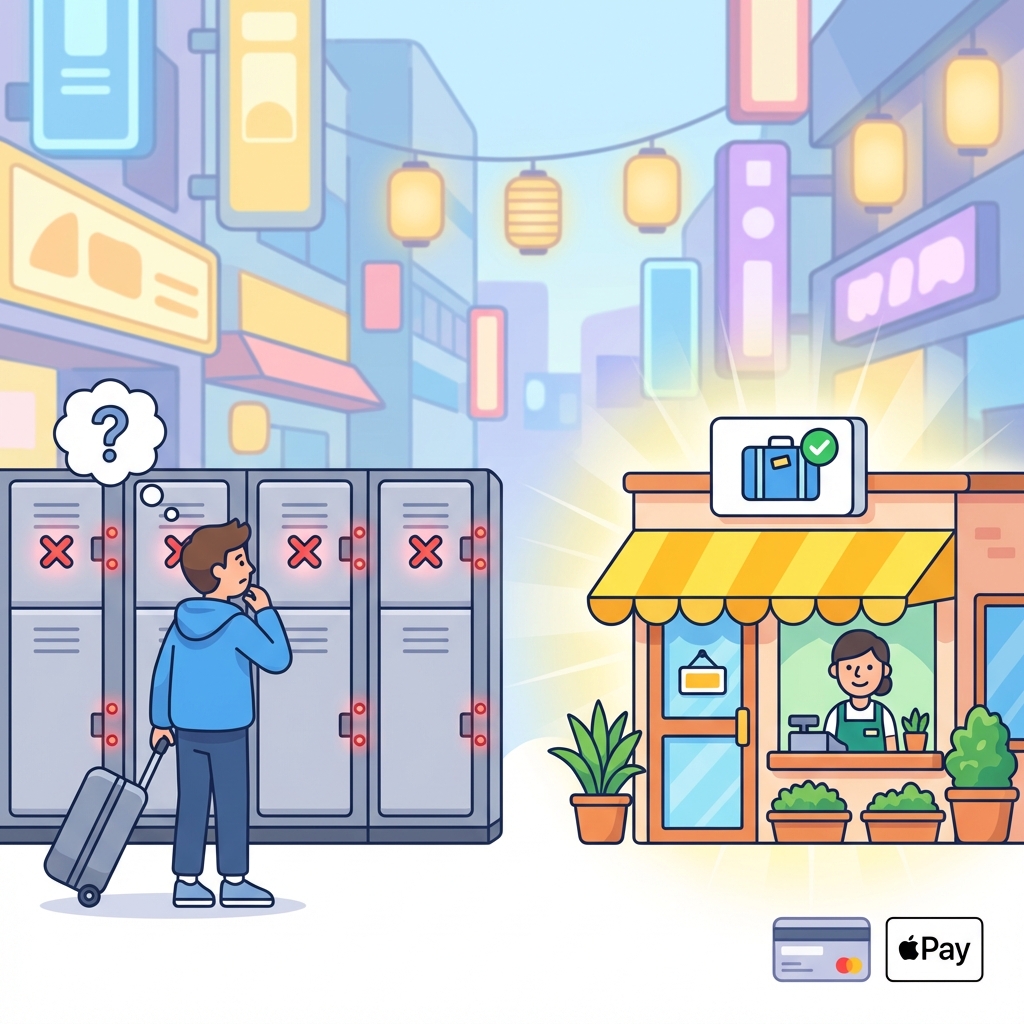 Traveler in Taipei standing in front of full coin lockers, choosing online luggage storage instead