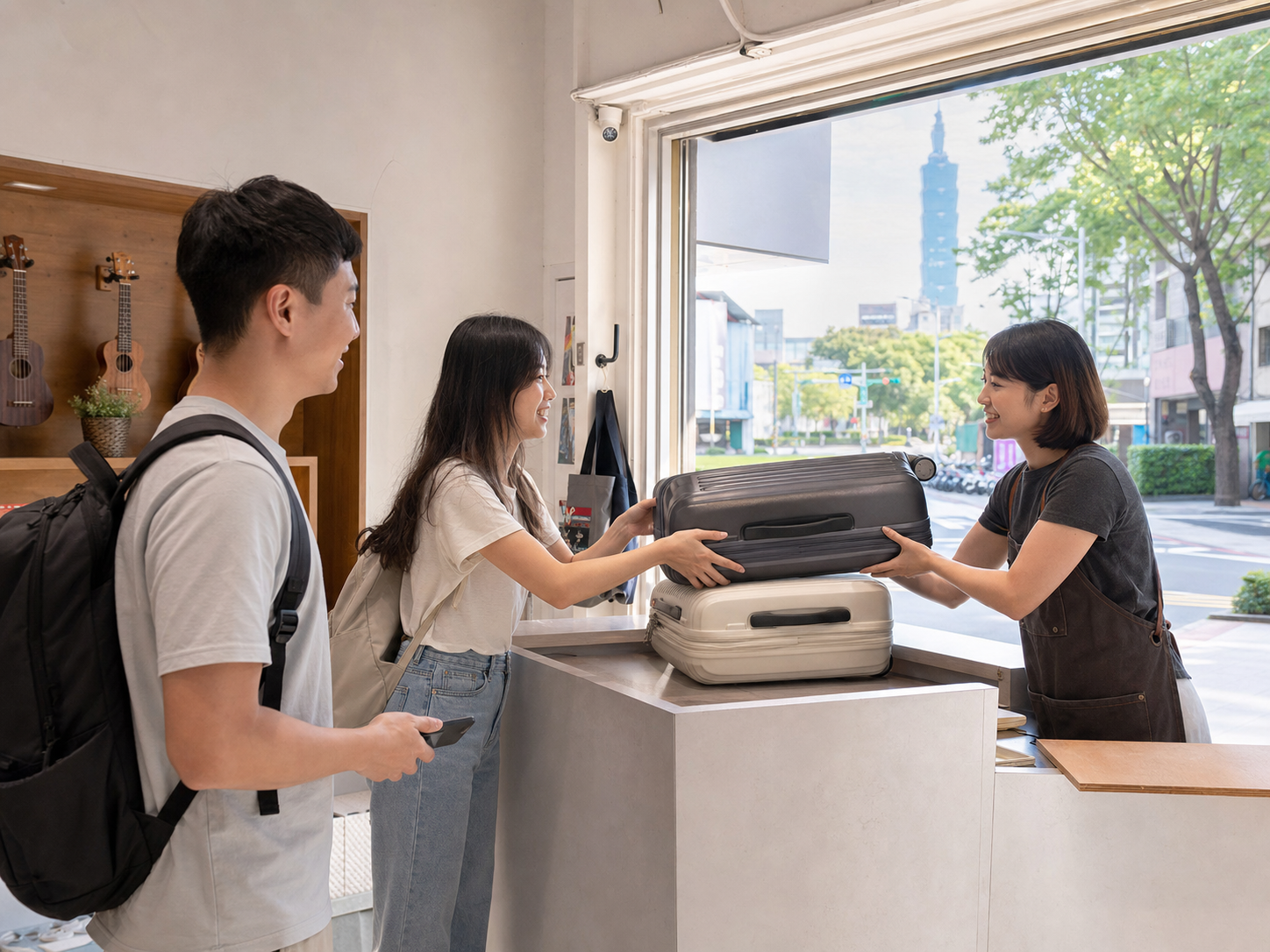 Travelers handing luggage to a local shop before visiting Taipei 101