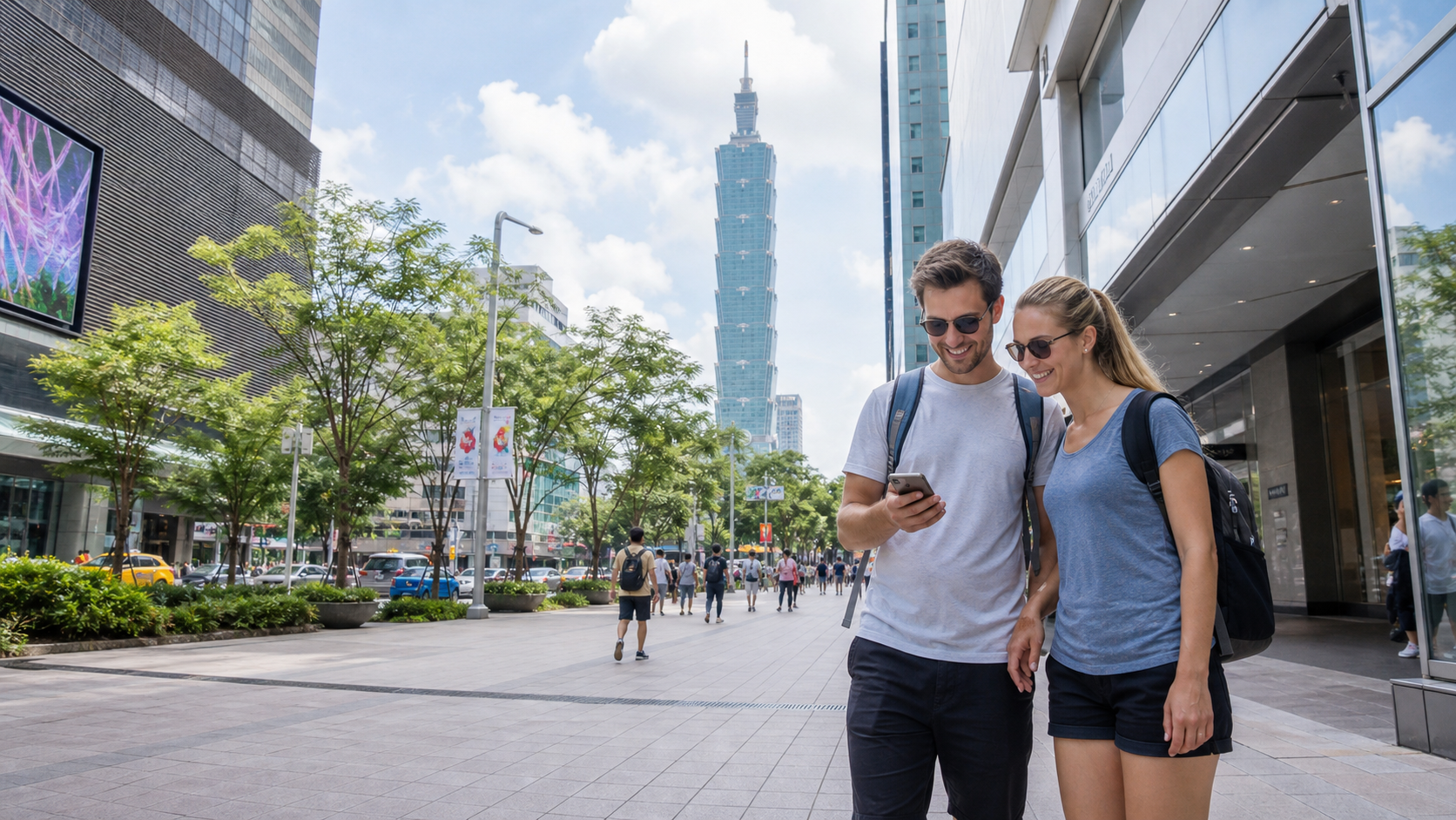 Travelers checking a phone map near Taipei 101 in Xinyi District