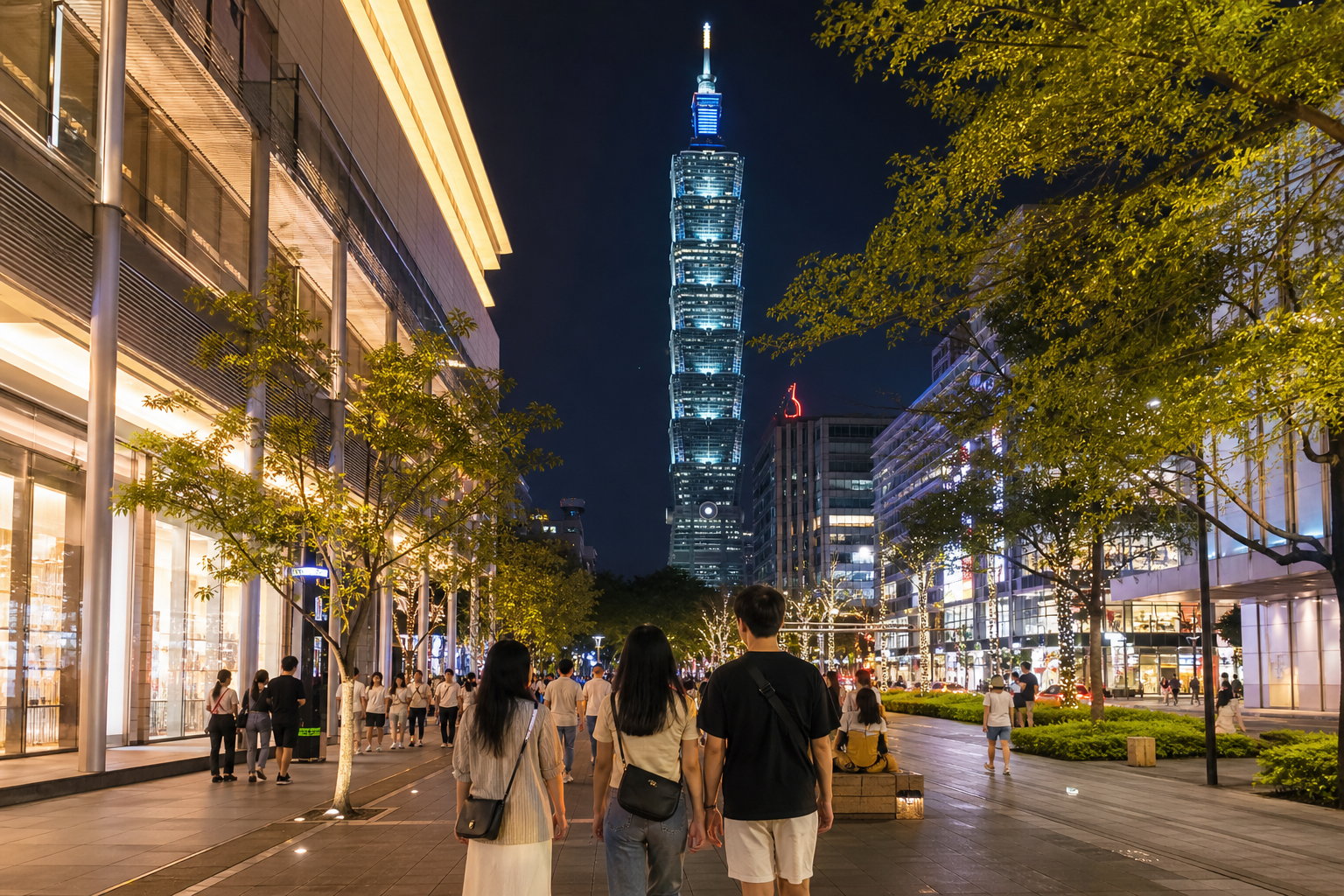 Taipei 101 at night from Xinyi District, with travelers walking hands-free after storing luggage