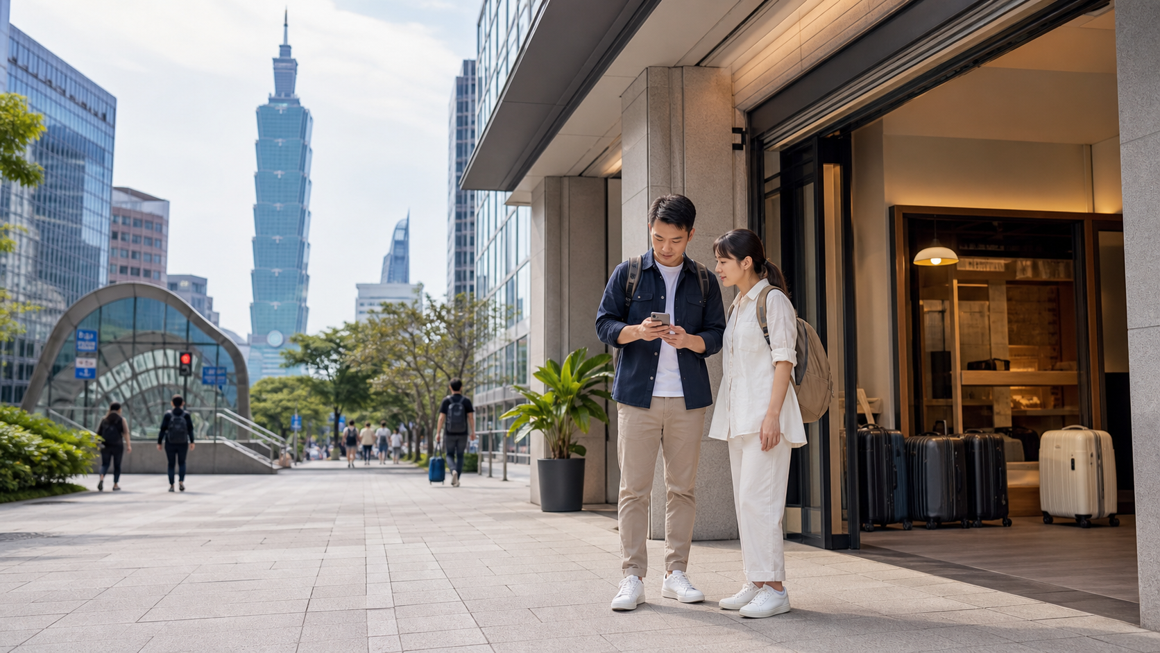 Travelers in Taipei after hotel checkout storing luggage before a last-day itinerary