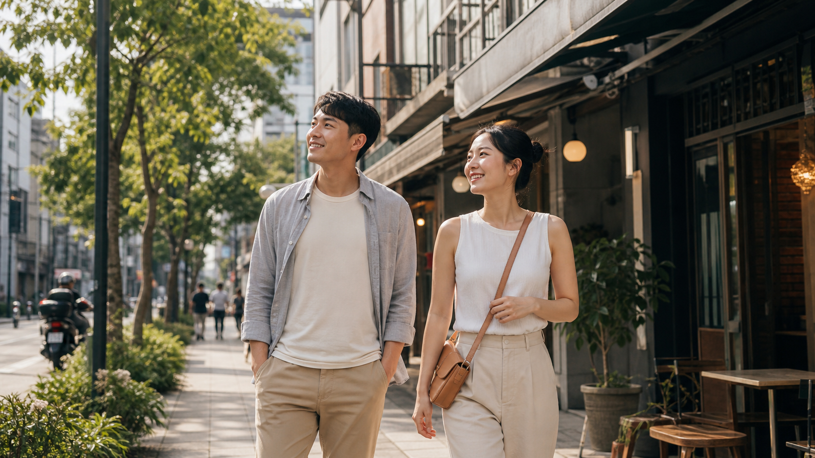 Travelers walking hands-free through a Taipei neighborhood after storing luggage