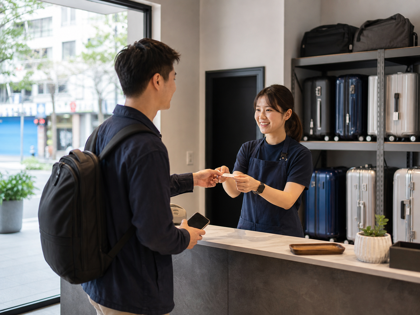 Traveler completing luggage storage handoff at a verified local partner shop in Taipei