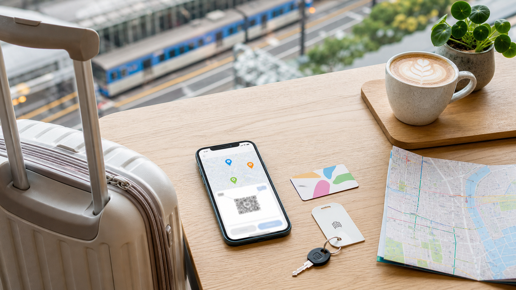 Luggage storage planning image with phone, suitcase, and city map