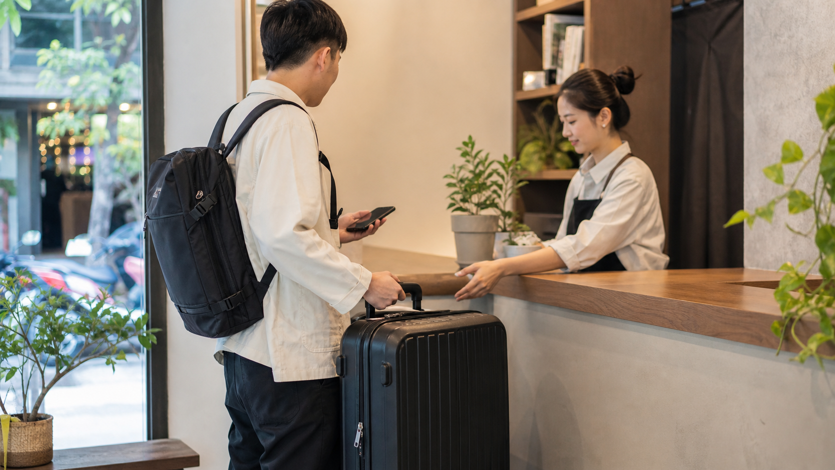 旅客在台北合作店家完成行李寄放交接，準備空手開始短時間行程