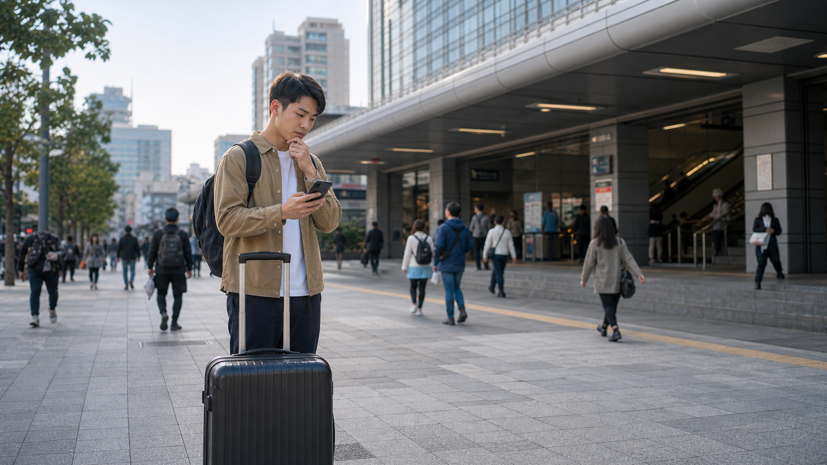 旅客在台北交通節點前用手機查找短時間行李寄放選項